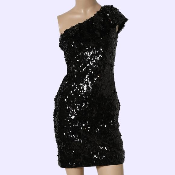 AIDAN MATTOX Black One Shoulder Sequin Mini Dress - Picture 1 of 9